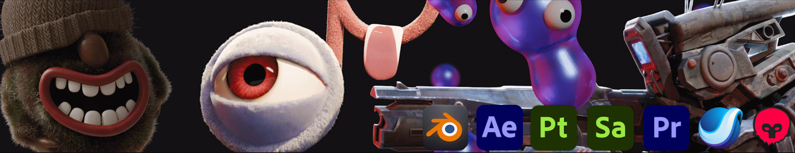 Characters and models from my work, with the software I use: Blender, After Effects, Substance Painter and Sampler, Premiere, Marmoset and more